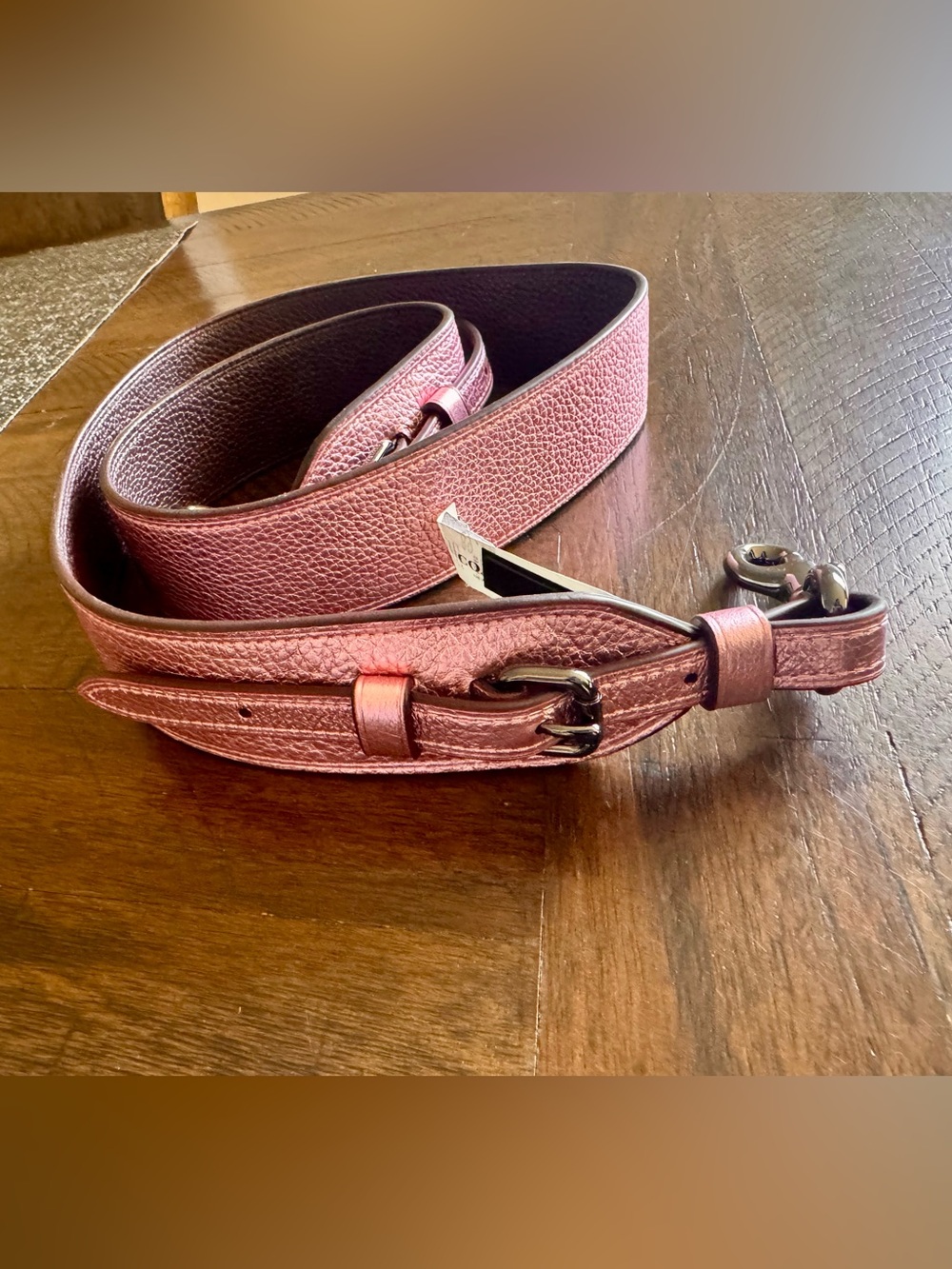 Coach Metallic Pink Leather Adjustable Bag Strap with Antique Brass Hardware - Picture 3 of 5
